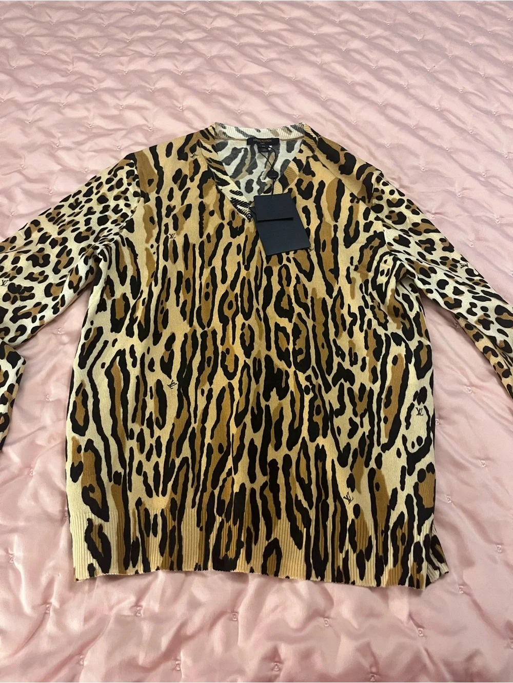 Louis Vuitton Tan and Black Animal Print V-Neck Sweater